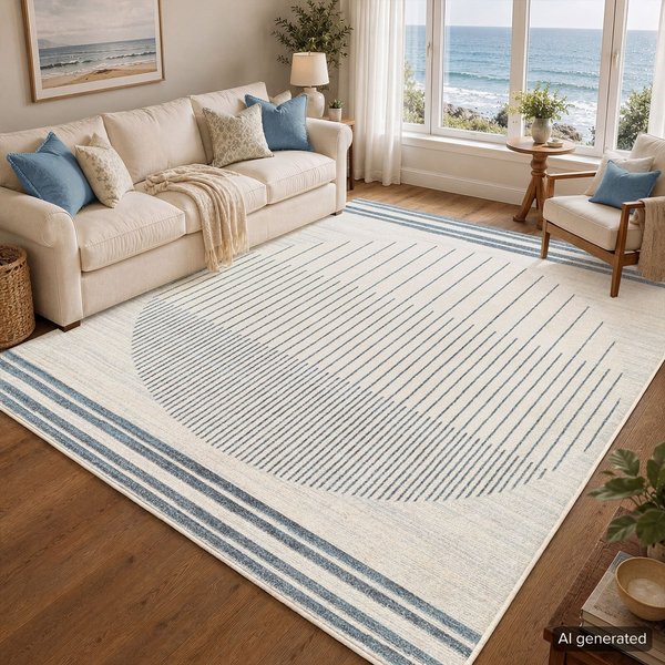 Livabliss Lilian-Washable Blue Grey Geometric Living Dining Bedroom Rug in Beige | Size: 200 cm x 275 cm