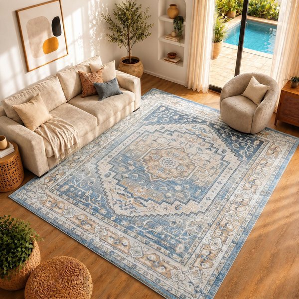 Livabliss Lilian-Washable Blue Brown Vintage Traditional Boho Living Dining Rug in Navy | Size: 200 cm x 275 cm