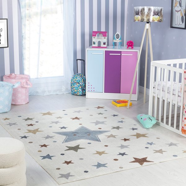 Livabliss Lilian - Kids Blue Grey Beige Yellow Washable Rug for Children's Rooms in Cream | Size: 160 cm x 215 cm
