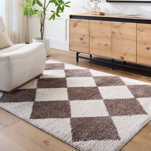 Livabliss Fossay Shag-Washable Beige Brown Green Grey High Pile Diamond Living Rug in Dark Brown | Size: 160 cm x 215 cm