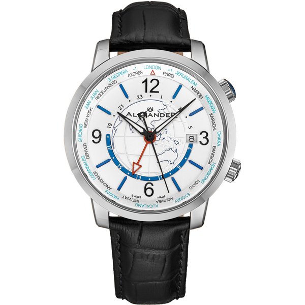 Alexander Men's A171A Journeyman 2 Luxury 42mm World Traveler Watch with Dark Blue Enamel Earth Pattern Crown