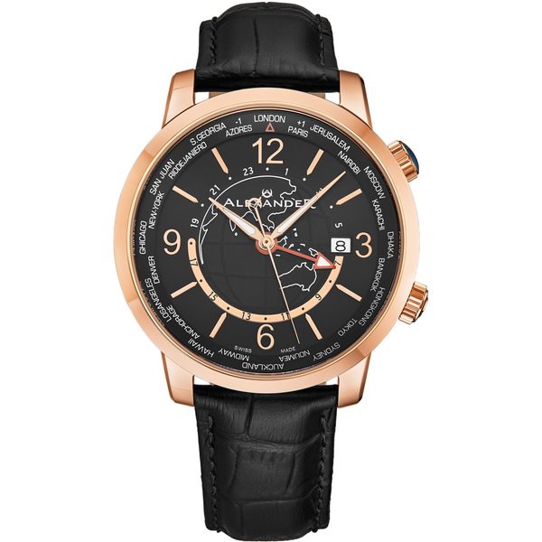 Alexander Men's A171A Journeyman 2 Luxury 42mm World Traveler Watch with Dark Blue Enamel Earth Pattern Crown in Black