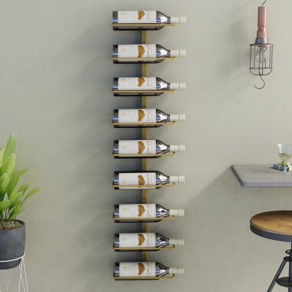 Berkfield Home Wall-mounted Wine Rack for 9 Bottles Gold Iron