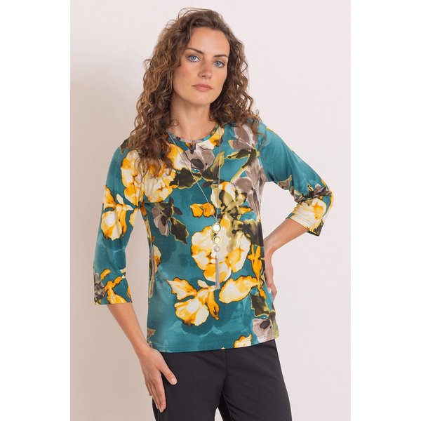 Anna Rose Printed Jersey Top with Necklace - Teal