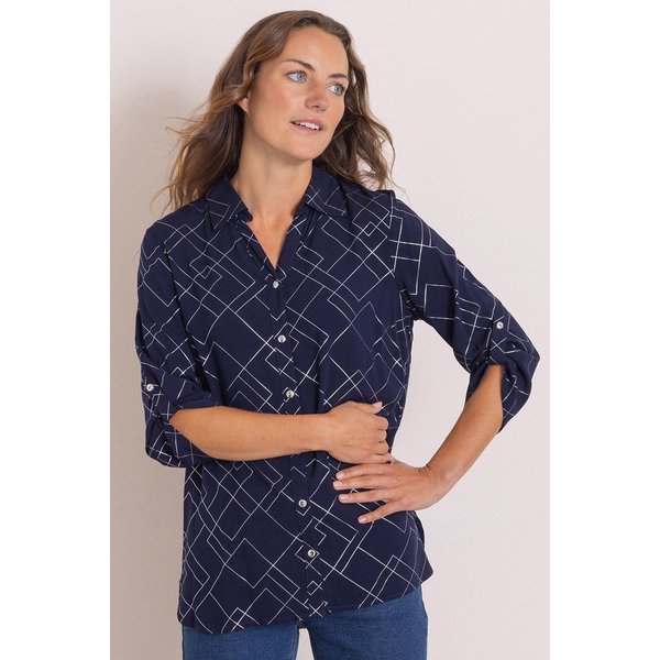 Anna Rose Geometric Foil Print Blouse Navy