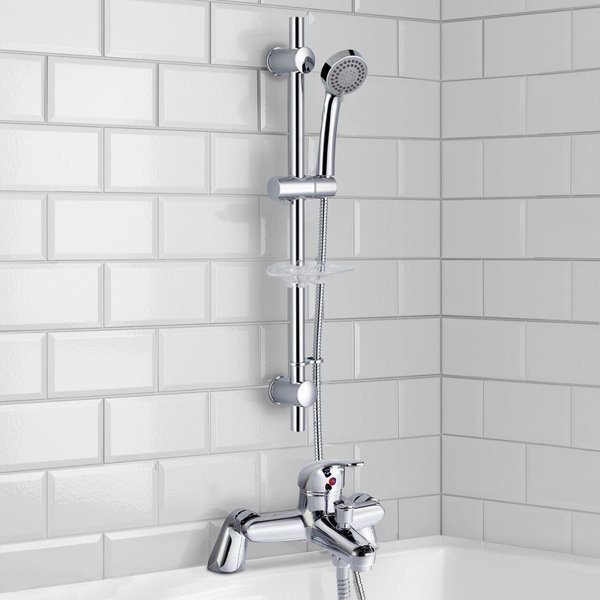 Nes Home Chrome Bath Filler Shower Mixer Tap & Slider Rail Handset Kit in Silver