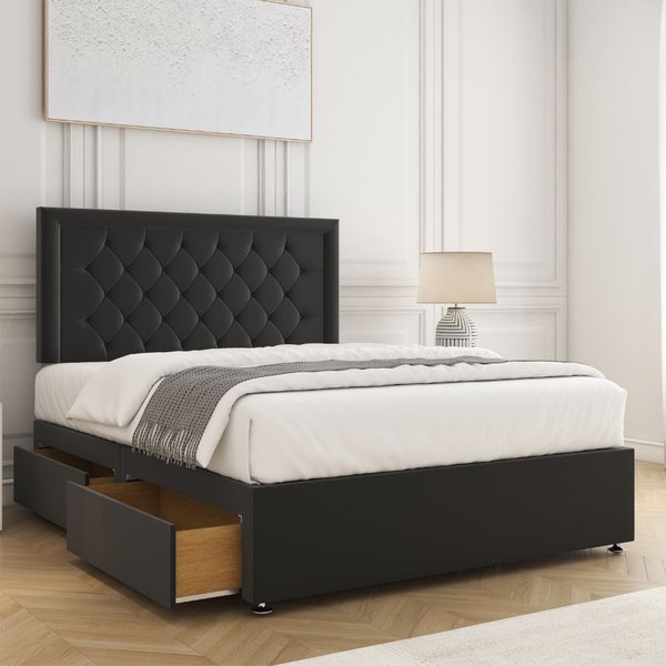 BSSPOKE Nova Divan Bed Set Plush 24" Headboard & 2Drawers Same Side &Mattress in Black | Size: Super King