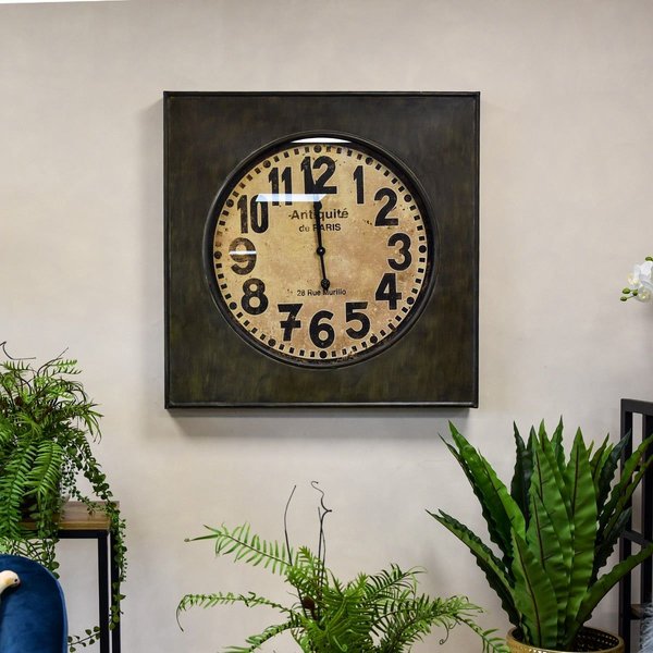 Madison & Mayfair Large Elegant Antiquité de Paris: Square Industrial Wall Clock in Black