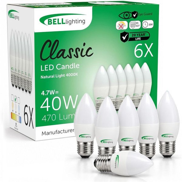 BELL Lighting E27 LED Candle Bulbs Natural White 4000K | 4.7W 470lm Screw Cap | Size: Pack of 6
