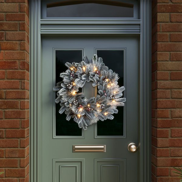 Charles Bentley Indoor Outdoor 60cm Pre-Lit Red Berry & Pinecone Snowy Wreath, Green
