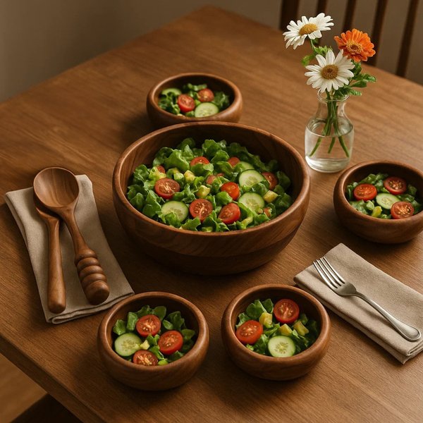 Orsina Rosi Five Piece Sheesham Wood Salad Bowl Set in Brown