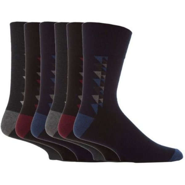SOCKSHOP Gentle Grip Men's 6 Pack Non Elastic Patterned Bigfoot Cotton Socks in Jet Black | Size: 12-14