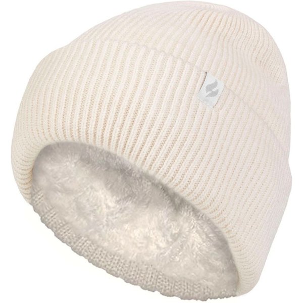 Heat Holders Women's Fleece Lined Ribbed Thermal Turnover Hat for Winter in Cream