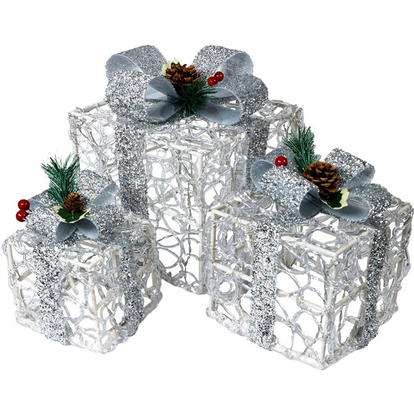 St Helens Set Of 3 LED Light Up Christmas Boxes Battery Operated With Timer, 8 Patterns And 60 LED's, Silver