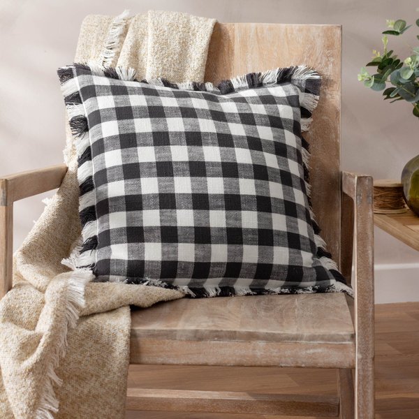 Yard Barton Check Fringed 100% Cotton Cushion in Black | Size: 45 cm x 45 cm
