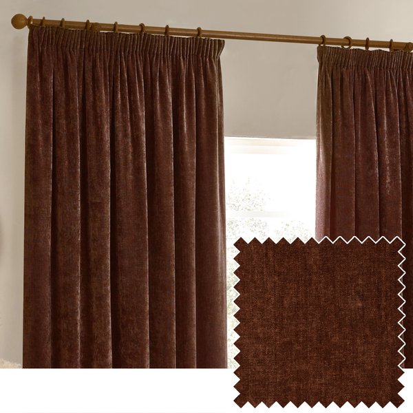 Yard Heavy Chenille Fully Lined Pencil Pleat Curtains Nutmeg 168Cm Width 183Cm Drop, Red