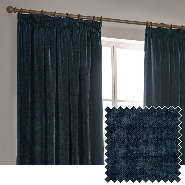 Yard Heavy Chenille Fully Lined Pencil Pleat Curtains Navy 229Cm Width 183Cm Drop, Blue