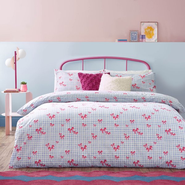 Heya Home Gingham Bows Printed Duvet Cover Set, King, Blue, Blue