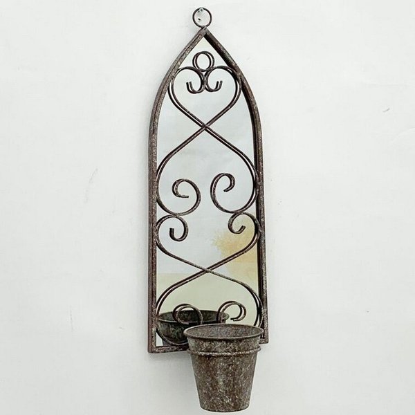 Minster 56cm Rusty Wall Mirror with Single Planter - Distressed Metal - L15 x W20 x H65 cm in Grey