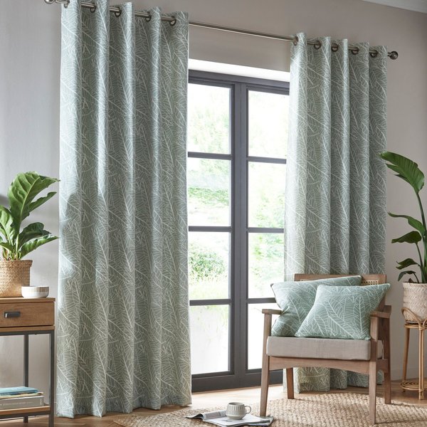 Portfolio Home Madison Botanical Leaves Fully Lined Eyelet Curtain Set in Green | Size: 168 cm width x 183 cm drop