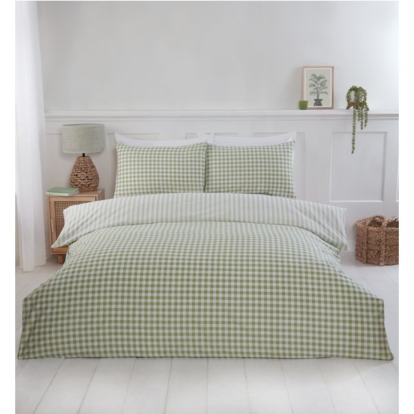 Rapport Home Gingham Polycotton Check Polycotton Duvet Cover Set With Pillowcase in Green | Size: King