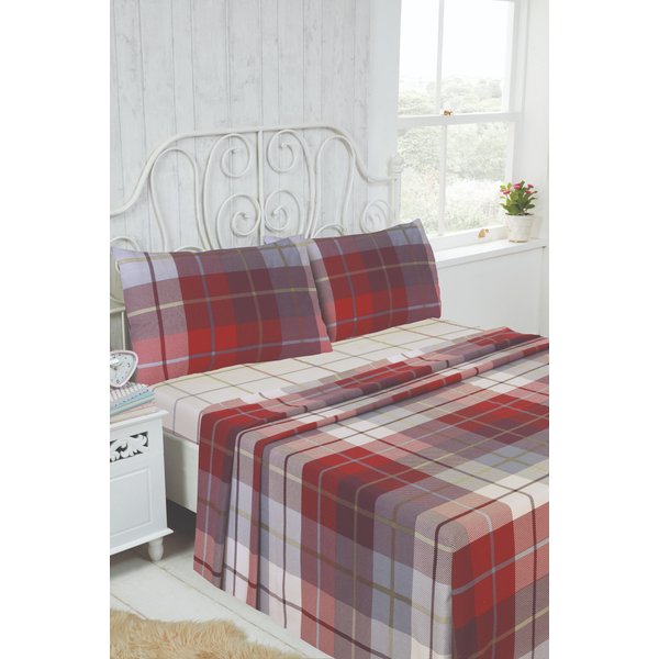 Rapport Home Lomond Brushed Cotton Check Luxury Flannelette Complete Sheet Set in Red | Size: Double
