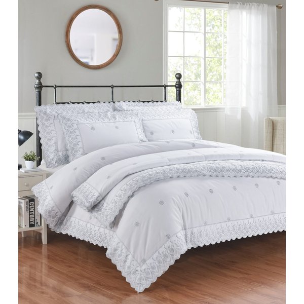 Rapport Home Gabrielle Embroidered Polyester Floral Duvet Cover Set with Pillowcase in Silver | Size: Double