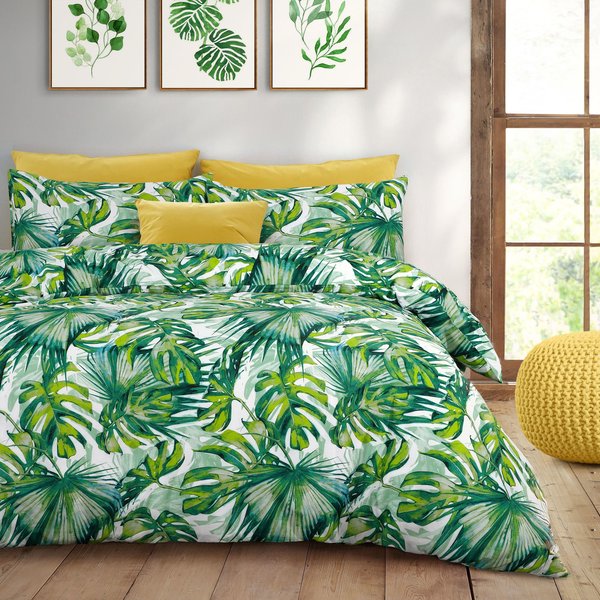 Velosso Tropical Leaf Cotton Rich Printed Duvet Cover & Pillowcase Set in Green | Size: Single