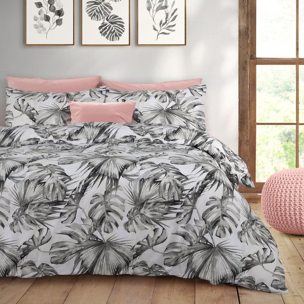Velosso Tropical Leaf Cotton Rich Printed Duvet Cover & Pillowcase Set in Grey | Size: King