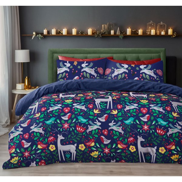 Velosso Robin Scandi Cotton Rich Printed Duvet Cover & Pillowcase Set in Navy | Size: Double