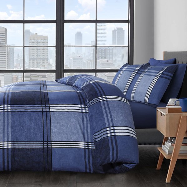 Velosso Contemporary Plaid Pattern Duvet Cover Set with Button Enclosure in Blue | Size: Single