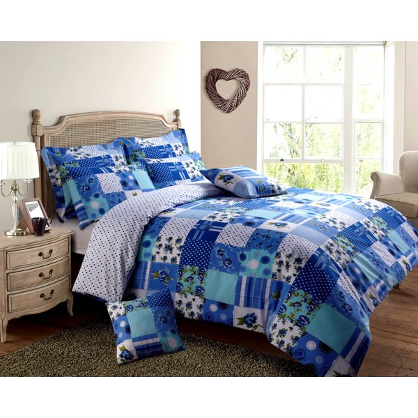 Velosso Stitch Trail Patchwork Cotton Rich Printed Duvet Cover & Pillowcase Set in Blue | Size: Double