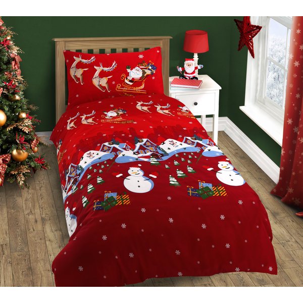 Velosso Santa & Friends Cotton Rich Printed Duvet Cover & Pillowcase Set in Red | Size: King