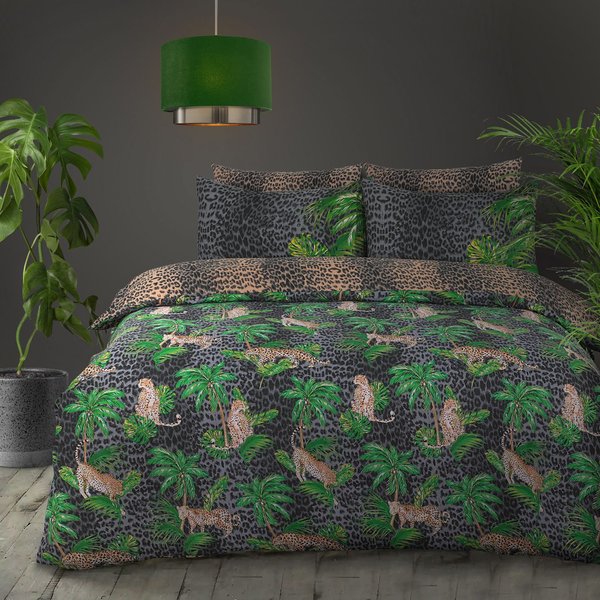Velosso Leopard Jungle Cotton Rich Printed Duvet Cover & Pillowcase Set in Green | Size: Double