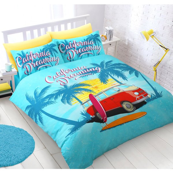 Velosso California Dreaming Cotton Rich Printed Duvet Cover & Pillowcase Set in Blue | Size: King