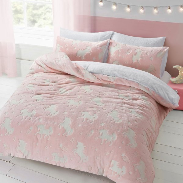 Velosso Glow In The Dark Teddy Unicorn Warm & Cosy Duvet Cover & Pillowcase Set in Pink | Size: Double