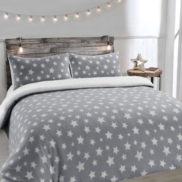 Velosso Teddy Stars Warm & Cosy Duvet Cover & Pillowcase Set in Silver | Size: King