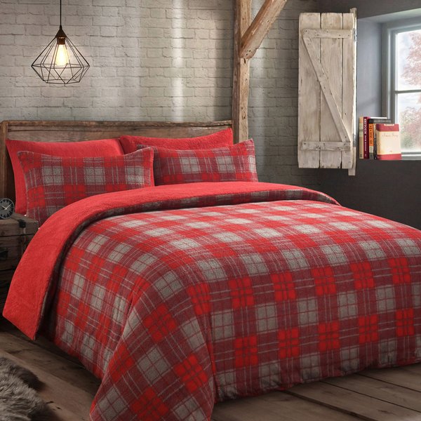 Velosso Check Teddy Warm & Cosy Duvet Cover & Pillowcase Set in Red | Size: King