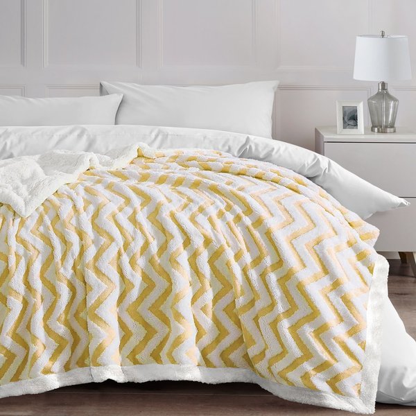 Velosso Thermal Sherpa Backed Blanket, Textured Jacquard with Chevron Pattern in Bright Yellow | Size: 100 cm x 190 cm