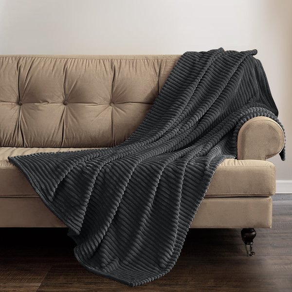 Velosso Thermal Soft Ribbed Cord Throw - Plain Ribbed Bed Blanket in Charcoal | Size: 125 cm x 150 cm