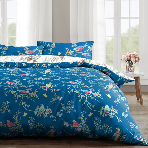 Velosso Birds Floral Cotton Rich Printed Duvet Cover & Pillowcase Set in Navy | Size: Single