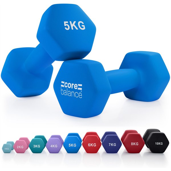 Core Balance Neoprene Hex Dumbbells Set Of 2 Cast Iron Hexagonal Hand Weights in Blue | Size: 5kg