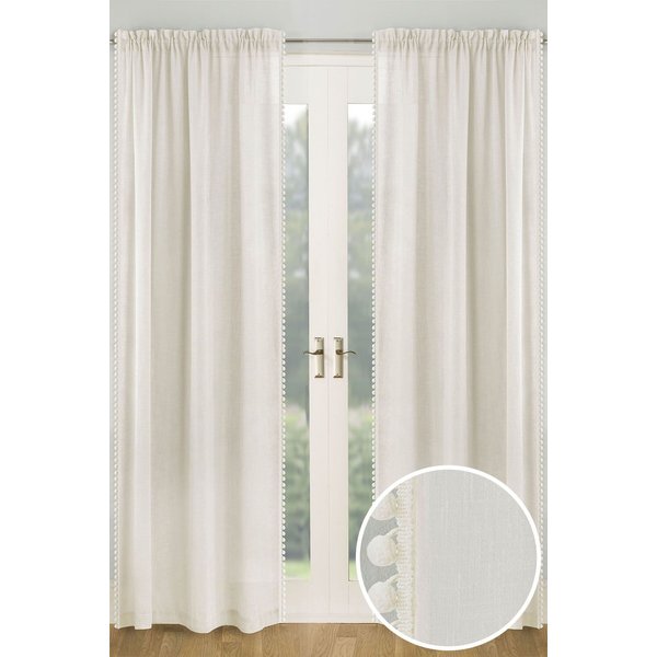 Tyrone Textiles Tahiti Pom-Pom Trim Linen-Look Voile Panel - Pair in Cream | Size: 140 cm width x 137 cm drop