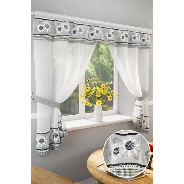 Tyrone Textiles Floral Embroidery Kitchen Curtains Window Sets with Matching Tie Backs in Black | Size: 249 cm width x 122 cm drop