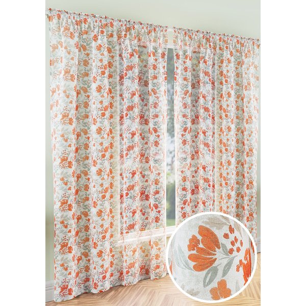 Tyrone Textiles Mia' Floral Print Voile Panels Pair with Rod Pocket Header in Burnt Orange | Size: 140 cm width x 122 cm drop