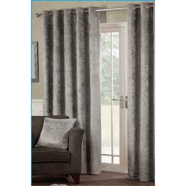 Essential Living Crushed Velvet Eyelet Ring Top Curtains Silver 229cm x 183cm, Silver
