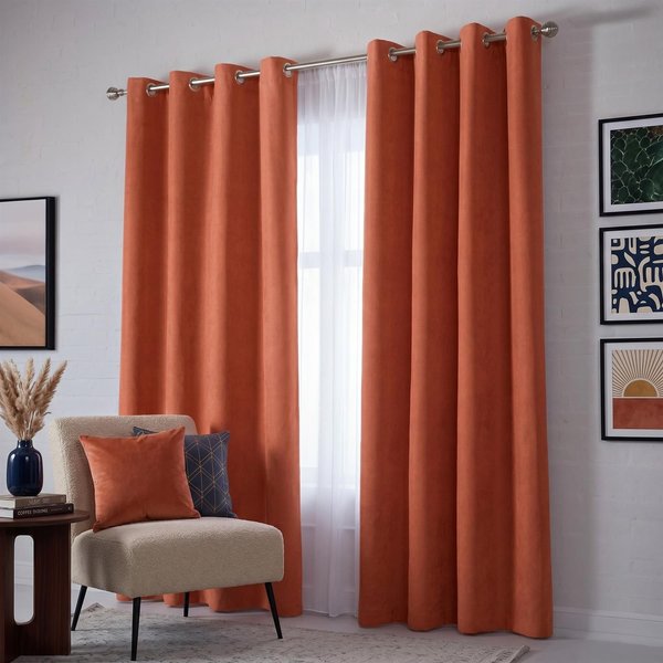 Essential Living Velvet Chenille Eyelet Ring Top Curtains Orange 142cm x 137cm, Orange