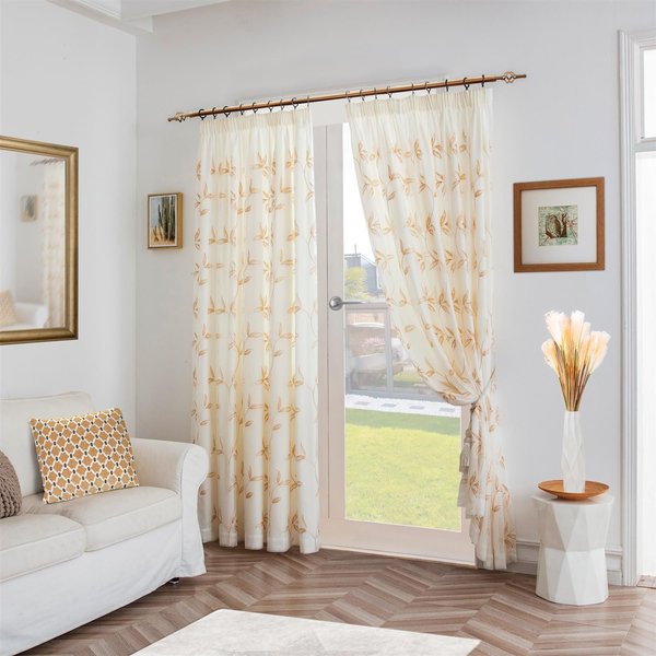 Luxury Living Leaf Embroidered Tulle Voile Curtains Pencil Pleat in Gold | Size: 147 cm width x 183 cm drop