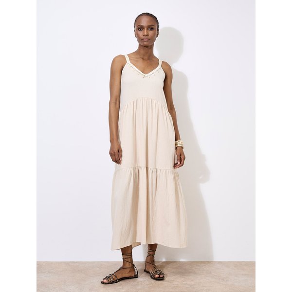 Apricot Women's Bead Embellished Cotton Midaxi Dress in Stone | Size: 10