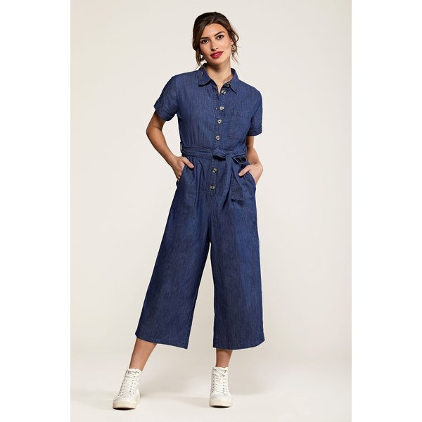Yumi Women's Navy Cotton Denim Jumpsuit in Blue | Size: 10